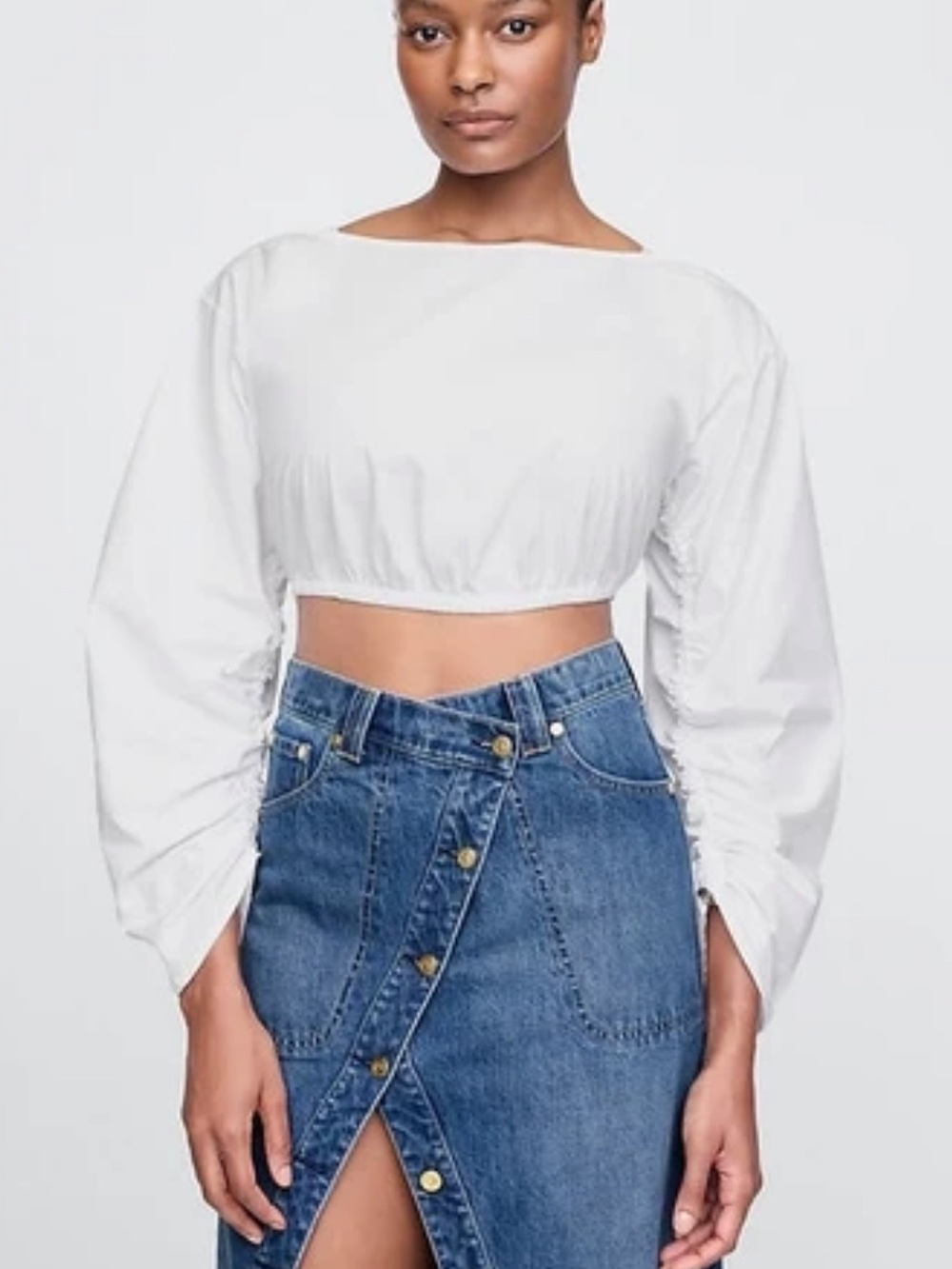 cult gaia x Gap White Cropped Poplin Boatneck Top with Ruched Sleeves